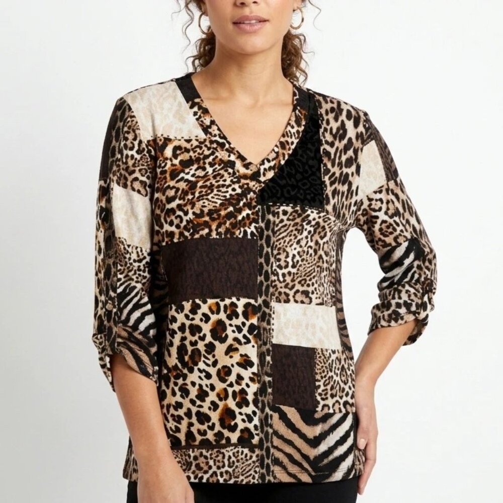 Allison Daley V Neck Top XL Animal Print Gold Metallic Accents Brushed Knit